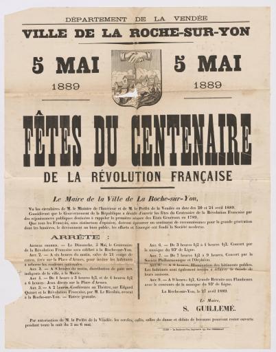 La Roche-sur-Yon Impr. P. Tremblay Département de la Vendée. Ville de La Roche-sur-Yon. 5 mai 1889, fêtes du centenaire de la Révolution française. Programme, 27 avril 1889.