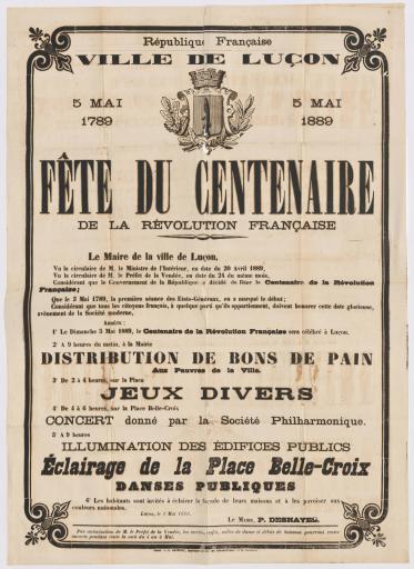 Luçon Impr. A. Gandriau République française. Ville de Luçon. 5 mai 1789-5 mai 1889, fête du centenaire de la Révolution française. Programme, 2 mai 1889.