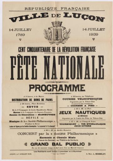 Luçon Impr. J. Burgaud République française. Ville de Luçon. Fête nationale. [Programme pour l'année 1939].
