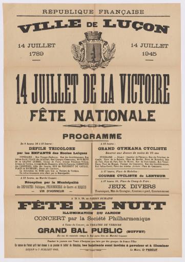 Luçon Impr. J. Burgaud République française. Ville de Luçon. Fête nationale. [Programme pour l'année 1945].