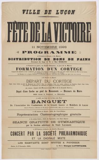 Luçon Impr. J. Burgaud Ville de Luçon. Fête de la Victoire, 11 novembre 1928. Programme [de la journée], 2 novembre 1928.