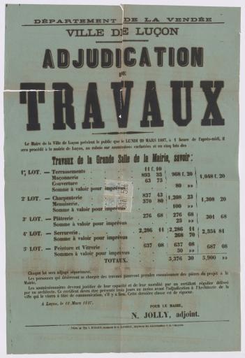 Luçon Impr. J. Burgaud Département de la Vendée. Ville de Luçon. Adjudication de travaux [de la grande salle de la mairie, avis], 10 mars 1897.