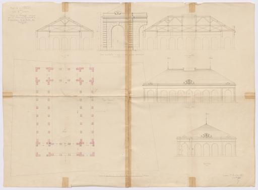 Projet de minage composé avec les matériaux provenant de la démolition de la halle des marchands : plan, élévations et coupes, 1er juillet 1865 / L. Ballereau, architecte, juin 1865.