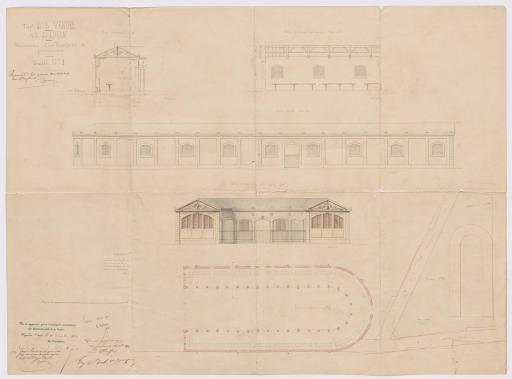 Reconstruction d'une boucherie et poissonnerie, feuille n°1 : plan, élévations et coupes, avril 1860 / L. Ballereau, architecte, juin 1860.