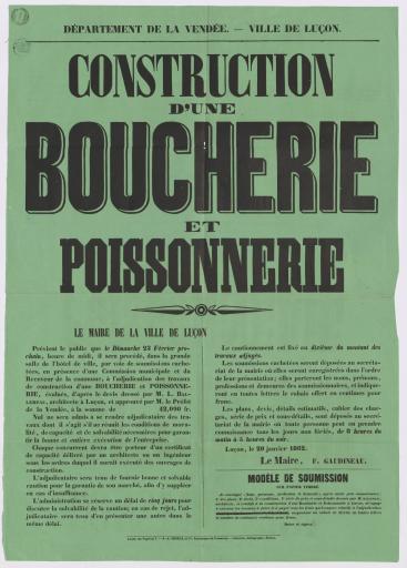 Luçon Impr. J.-A. Thibal et Cie Département de la Vendée. Ville de Luçon. Construction d'une boucherie et poissonnerie : [avis], 20 janvier 1862.