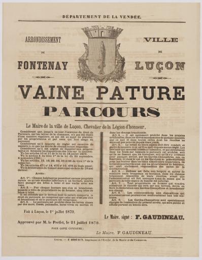Luçon Impr. F. Bideaux Vaine pâture : parcours, [avis], 1er juillet 1870.