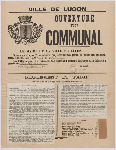 Luçon Impr. J. Burgaud Ouverture du communal : avis, règlement et tarif, 7 avril 1955.