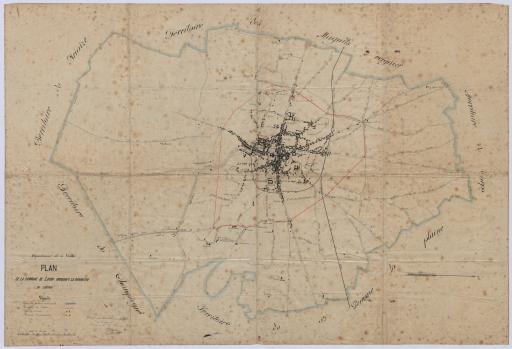Plan de la commune de Luçon indiquant le périmètre de l'octroi, les poteaux d'octroi et les bureaux de perception, 14 février 1889 / E. Bordelais, architecte.