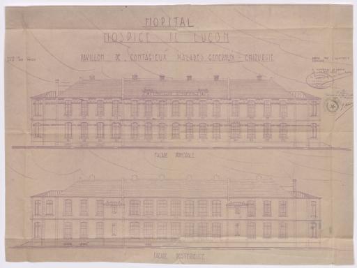 Hôpital-hospice de Luçon. Pavillon de contagieux, malades généraux, chirurgie : façades principale et postérieure, 15 mai 1930 / P. Barbachoux, architecte.