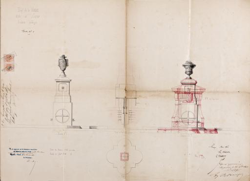 Fontaine publique [située place des Acacias] : élévations, coupe, plan, mai 1860 / Léon Ballereau, architecte.