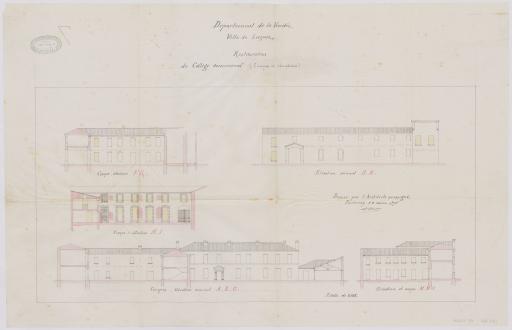 Restauration du collège communal : coupes et élévations [projet], 18 août 1876 / Arsène Charier, architecte.