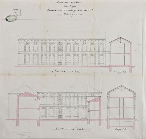 Restauration du collège communal et de l'école primaire : élévations et coupes [projet], 18 août 1876 / Arsène Charier, architecte.