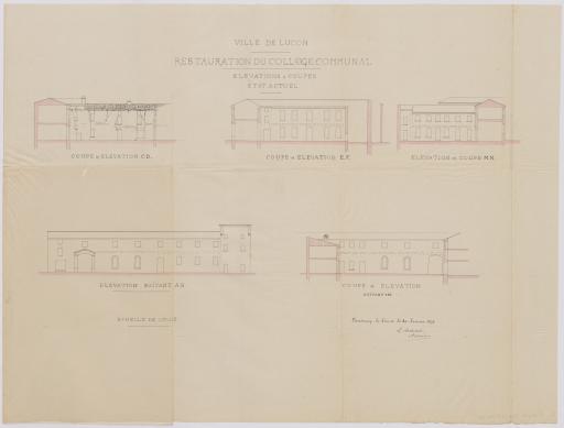 Restauration du collège communal et de l'école primaire : élévations et coupes (état actuel), 30 janvier 1879 / A. Charier, architecte.