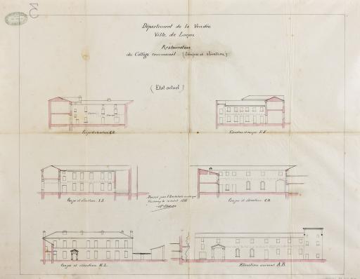 Restauration du collège communal : coupes et élévations (état actuel), 18 août 1876 / Arsène Charier, architecte.