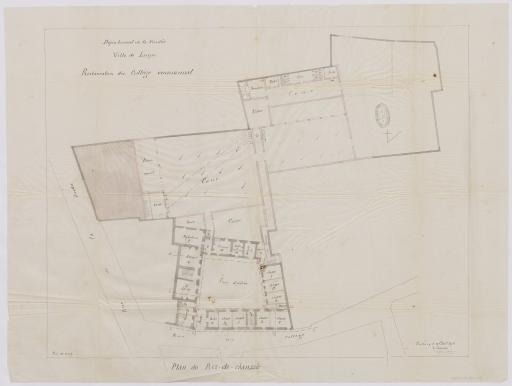 Restauration du collège communal : plan du rez-de-chaussée [projet], 18 août 1876 / Arsène Charier, architecte.