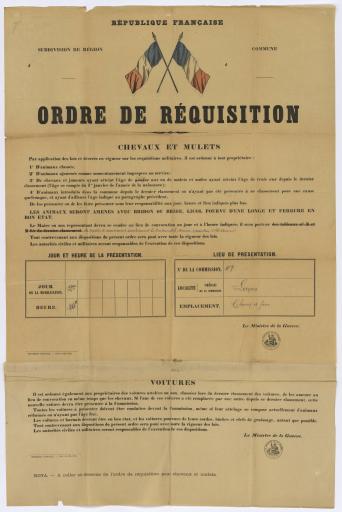 Ordre de réquisition des chevaux, mulets et voitures [dans la commune de Luçon] / le ministre de la Guerre.
