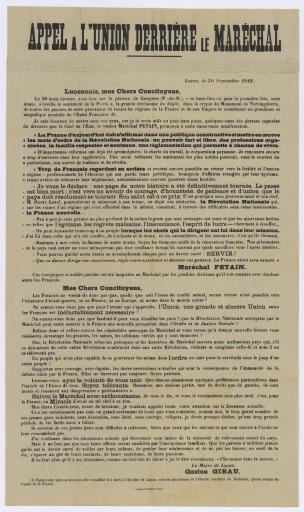 Luçon Impr. J. Burgaud Appel à l'union derrière le Maréchal, 30 septembre 1942 [Message de soutien à la politique de Pétain adressé aux habitants de Luçon par le maire, Gaston Gibau, et citant des extraits du discours du maréchal prononcé le 30 août à Gergovie].