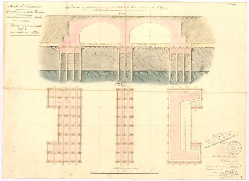 Dessin des fondations proposées pour le pont de la Grève sur la rivière l'Auzance, pièce n° 3 : coupe et plan du pont / Signé par : Decharme, ingénieur ; Petot, ingénieur.
