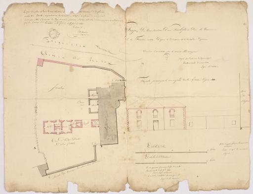 Copie du plan de reconstruction du presbytère et de la façade principale en regard de la route, certifié conforme à l'original dressé par l'architecte du département, Malet, le 3 mars 1842.