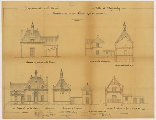 Construction d'une mairie avec ses annexes : façades, coupes / Cachet de l'architecte, J. Libaudière.