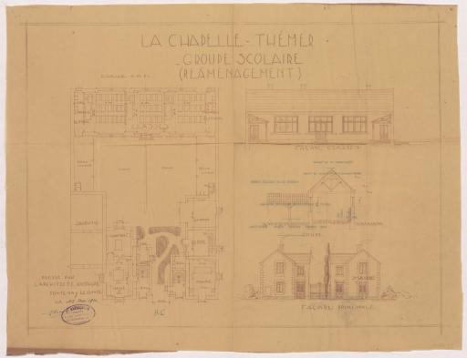 Réaménagement du groupe scolaire : plan d'ensemble, façade des classes, coupe, façade principale / Dressé par l'architecte, P. Barbachoux.