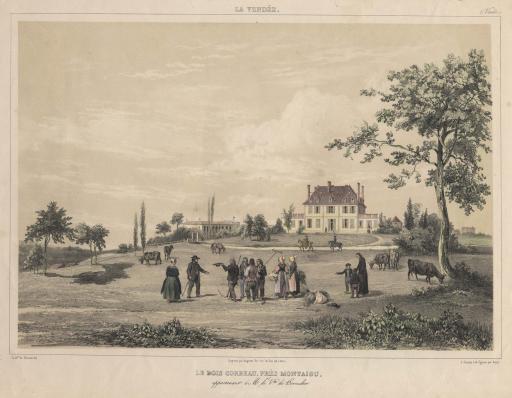 Le Bois Corbeau près Montaigu, appartenant à M. le V[icom]te de Cornulier / Baron de Wismes, del. ; [Louis] J[ulien] Jacottet, lithographe ; figures par Bayot.