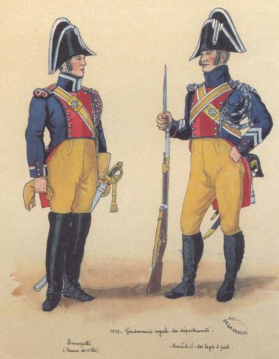 Gendarmerie royale des départements : trompette (tenue de ville), maréchal des logis à pied.
