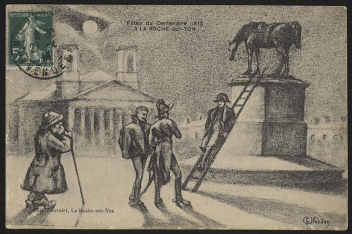 Dessin fait à l'occasion des fêtes du centenaire en 1913, représentant Napoléon descendant de son cheval pour rejoindre deux de ses soldats sous les yeux d'un vieux grognard.