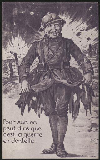 Soldat à l'uniforme déchiré : " Pour sûr, on peut dire que c'est la guerre en dentelle " (vue 1). Soldat tentant de soudoyer l'employé des chemins de fer pour prolonger sa permission (vue 3).