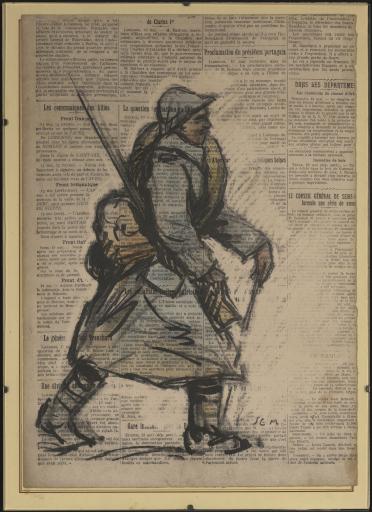 Un soldat français de profil marchant avec son équipement (vue 1). Un soldat français de dos regarde des brancardiers évacuant un blessé, accompagné d'un aumônier, suivis d'un soldat avec le bras en écharpe (vue 2) / Sem (pseudonyme de Georges Goursat).