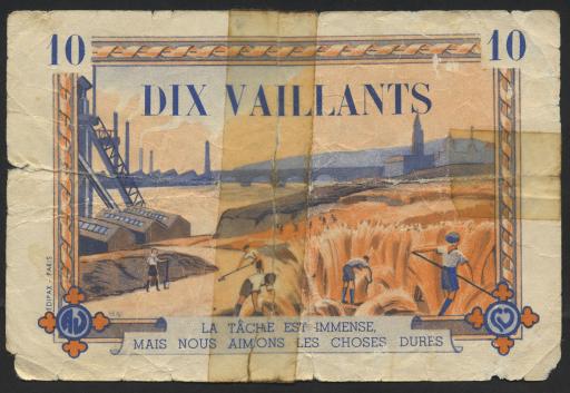 Billets de 10 et 50 vaillants destinés aux Âmes vaillantes (AV) et aux Coeurs vaillants (CV), dessiné par Henri Neveu et édité par Edipax-Paris.