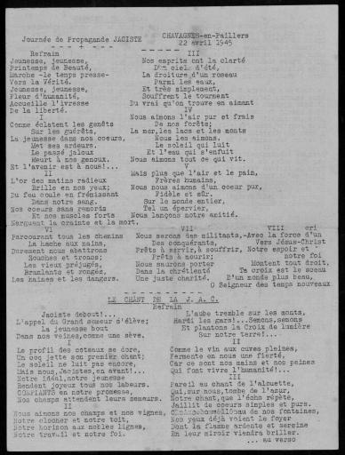 Feuille de chants ronoétée de la "Journée de propagande jaciste", de Chavagnes-en-Paillers, 22 avril 1945.