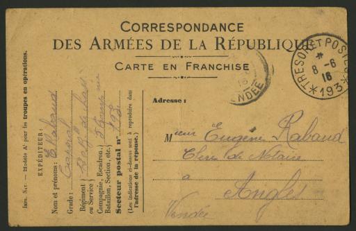 Bataille de Verdun (Meuse), 6-21 juin 1916 (4 lettres, 5 cartes postales).