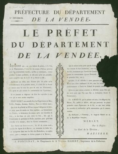 Merlet, préfet du département de la Vendée aux propriétaires de bois, 21 floréal an XII, affiche.
