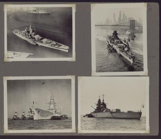 Arrivée de navires de guerre dont le Richelieu à New York, le 11 février 1943 (vues 1-2). Photos-cartes achetées de New York City (vues 3-5).