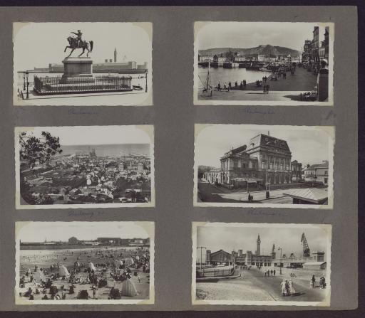 Cherbourg : la statue de Napoléon (vue 1, en haut à gauche ; vue 2, en haut à gauche), la gare maritime (vue 1, en haut à gauche et en bas à droite; vue 2, en haut à droite, avec le paquebot le Bremen, et en bas à droite), le quai Coligny et la montagne du Roule (vue 1, en haut à droite), le théâtre (vue 1, au milieu à droite), la basilique Sainte-Trinité (vue 2, en haut à gauche), la place de la République (vue 2, au milieu à gauche), le casino (vue 2, en bas à gauche).