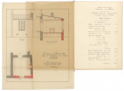 Projet de construction d'un bureau au presbytère : élévation, coupe, [plan] / Dressé par l'architecte, Léon Ballereau.