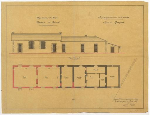 Projet d'agrandissement de la maison d'école : façade principale et plan au sol, pièce nº 3 / Signé par : Georges Loquet, architecte.