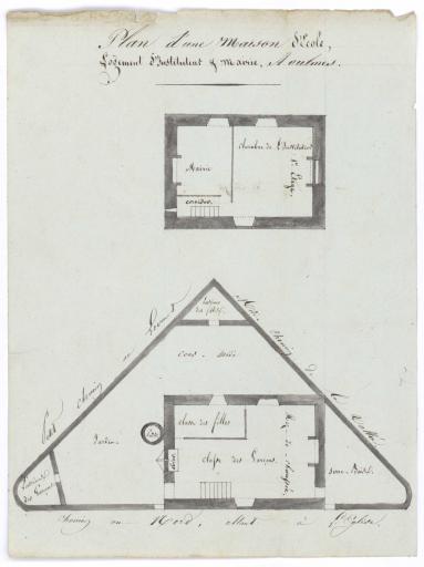 Plan d'une maison d'école, logement d'instituteur et mairie : [plan du premier étage, plan du rez-de-chaussée].