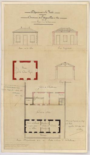 Projet d'une classe supplémentaire à la maison d'école de garçons : plan d'ensemble, façade, cour / Signé par : Victor Clair, architecte du département.