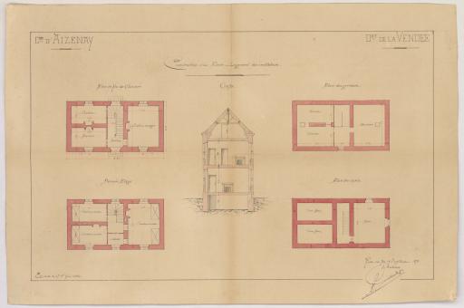 Projet de reconstruction de l'école de garçons : plan du logement des instituteurs / Signé par : Guillerot fils, architecte.