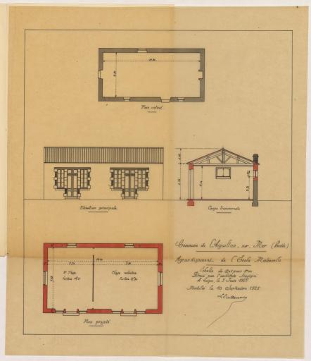 Agrandissement de l'école maternelle : plan actuel, élévation principale, coupe transversale, plan projeté / Dressé par l'architecte, Léon Ballereau.