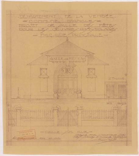 Projet de salle des fêtes pour les oeuvres post-scolaires : façade principale, grille sur rue / Dressé par l'architecte, Maurice Durand.