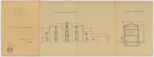 Acquisition et aménagement d'une mairie : élévation de la façade, coupe transversale.