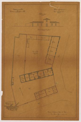 Projet d'agrandissement de l'école de garçons : plan d'ensemble et façade des logements transformés / Signé par : G. Loquet, architecte du département.