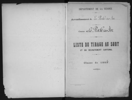 Listes du tirage au sort et du recrutement cantonal des jeunes gens, classe 1884