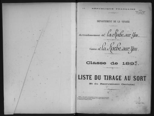 Listes du tirage au sort et du recrutement cantonal des jeunes gens, classe 1892