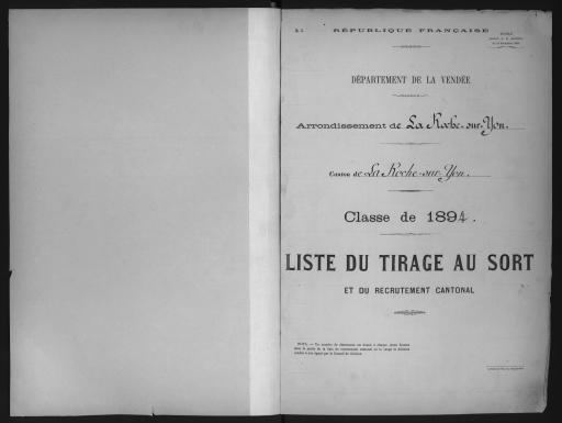 Listes du tirage au sort et du recrutement cantonal des jeunes gens, classe 1894