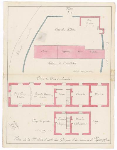 Plan de la maison d'école : [plan général], plan du rez-de-chaussée, plan du premier étage / Signé (au dos) par : H. Grolleau, instituteur.