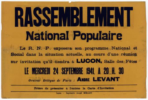 Luçon impr. Joseph Burgaud [Réunion du Rassemblement national populaire à Luçon le 24 septembre 1941, animée par André Levant].